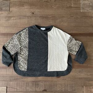 THML Anthropologie Oversized Leopard Patchwork Sweater - Gray Cream Small
